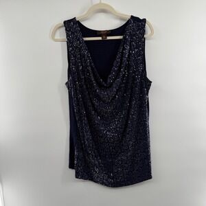 Victor Alfaro Navy Sequin Cowl‎ Neck Tank Women's L Holiday Party NYE Sparkle
